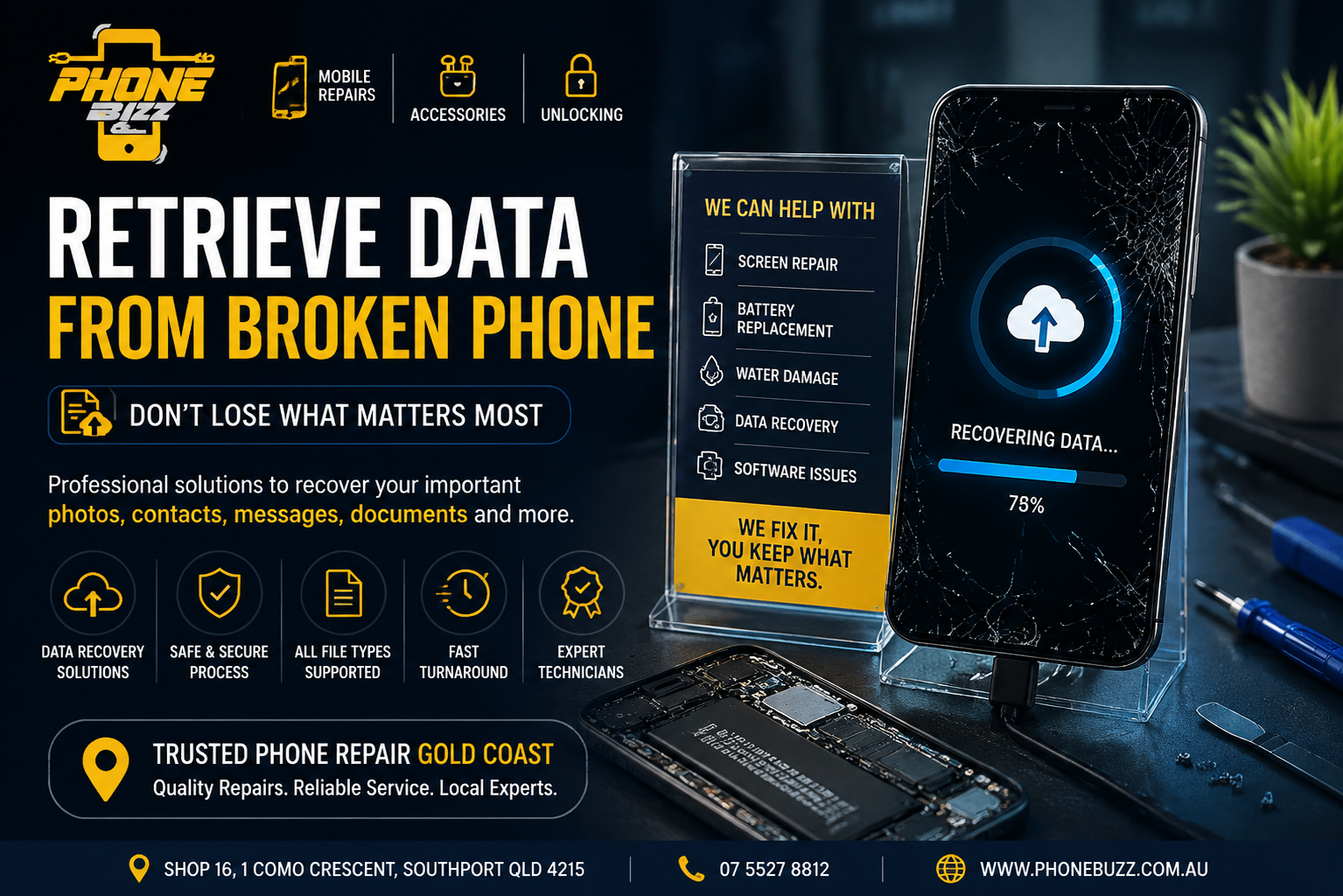 Phone Buzz promotional banner showing data recovery services for a broken phone, featuring a cracked smartphone with a data recovery progress screen, repair tools, and service icons. The image highlights retrieving photos, contacts, messages, and documents through professional phone repair services in Gold Coast.